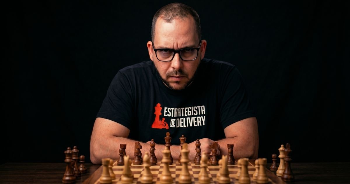 Edu Castanho, Estrategista de Delivery, sentado à frente de um tabuleiro de xadrez